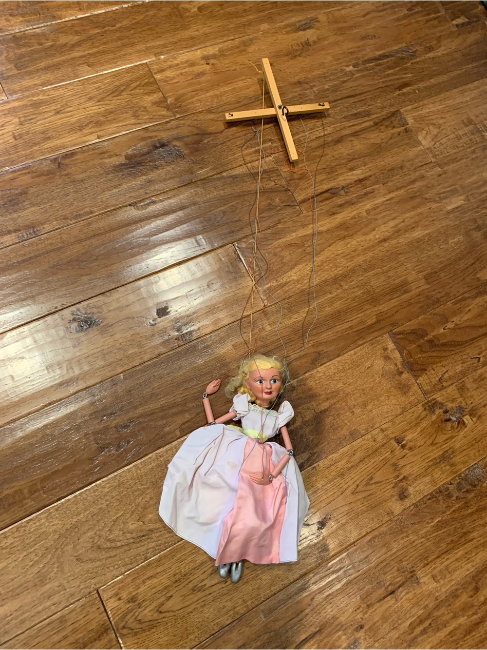 Source Unknown Pink and White Marionette Puppet Doll with Wooden Control
